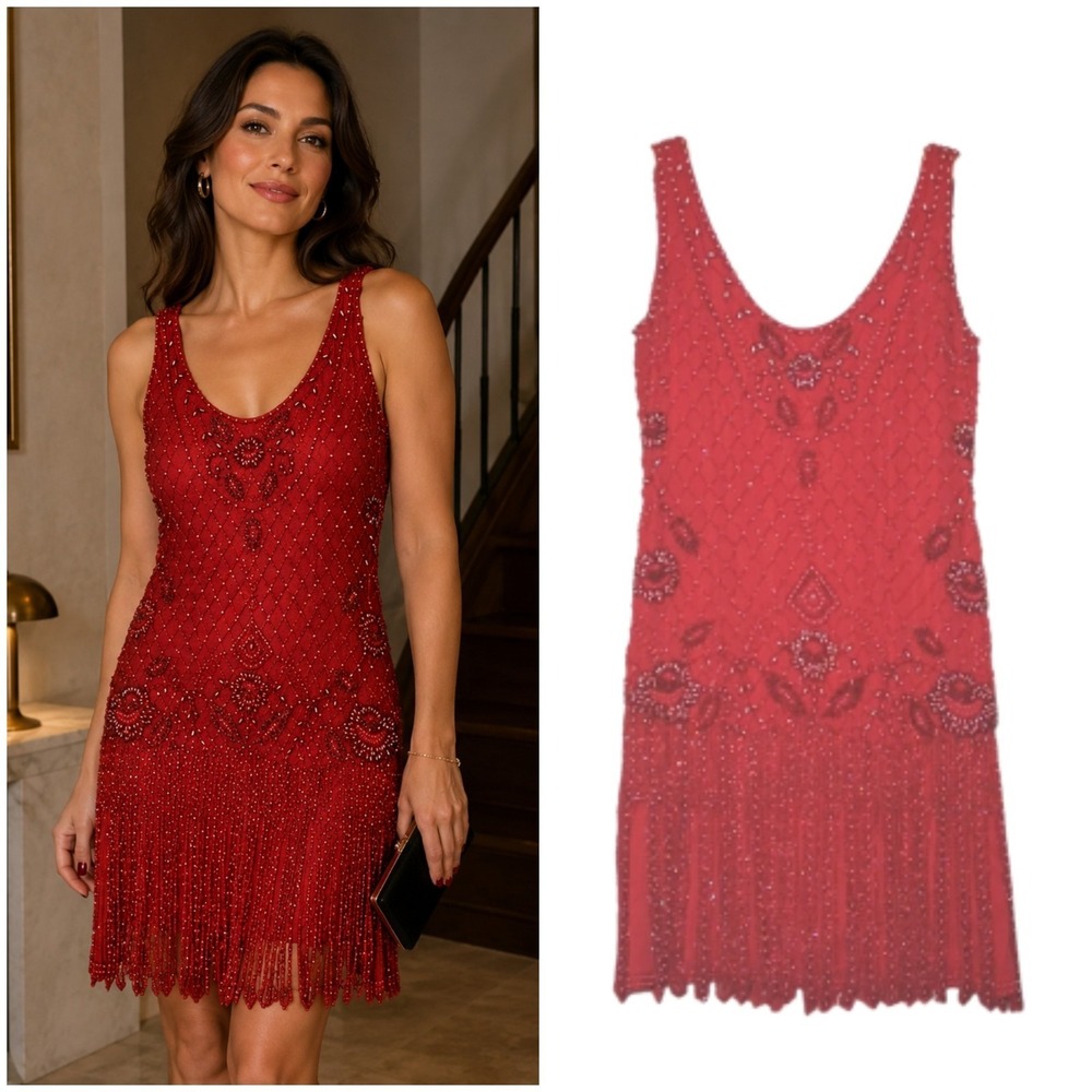 VTG Blacktie Oleg Cassini Red Flapper Dress Size 12 Silk Beads Gatsby Red Carpet